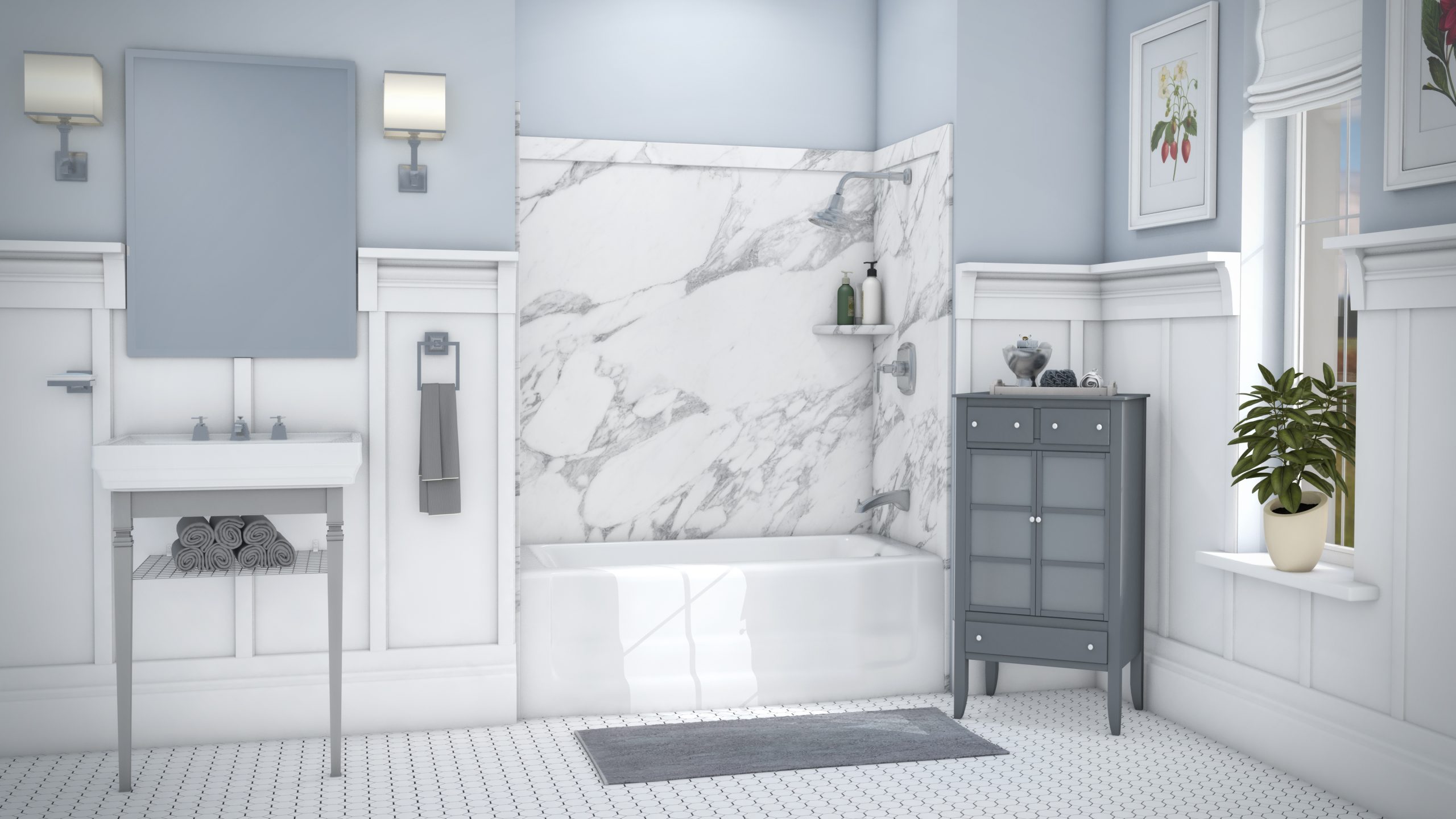 Walk-in tub renovation in calcatta white