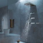 Accessible walk-in shower with safety glass and modern lighting in Hilliard Ohio