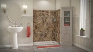 Semi-frameless glass shower door installation with silver hardware in Columbus.