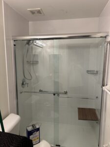 Custom vertical stack tile installation in a modern walk-in shower in Columbus, OH.