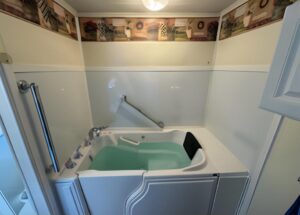Interior view of a walk-in tub with hydrotherapy jets in Dublin, OH.