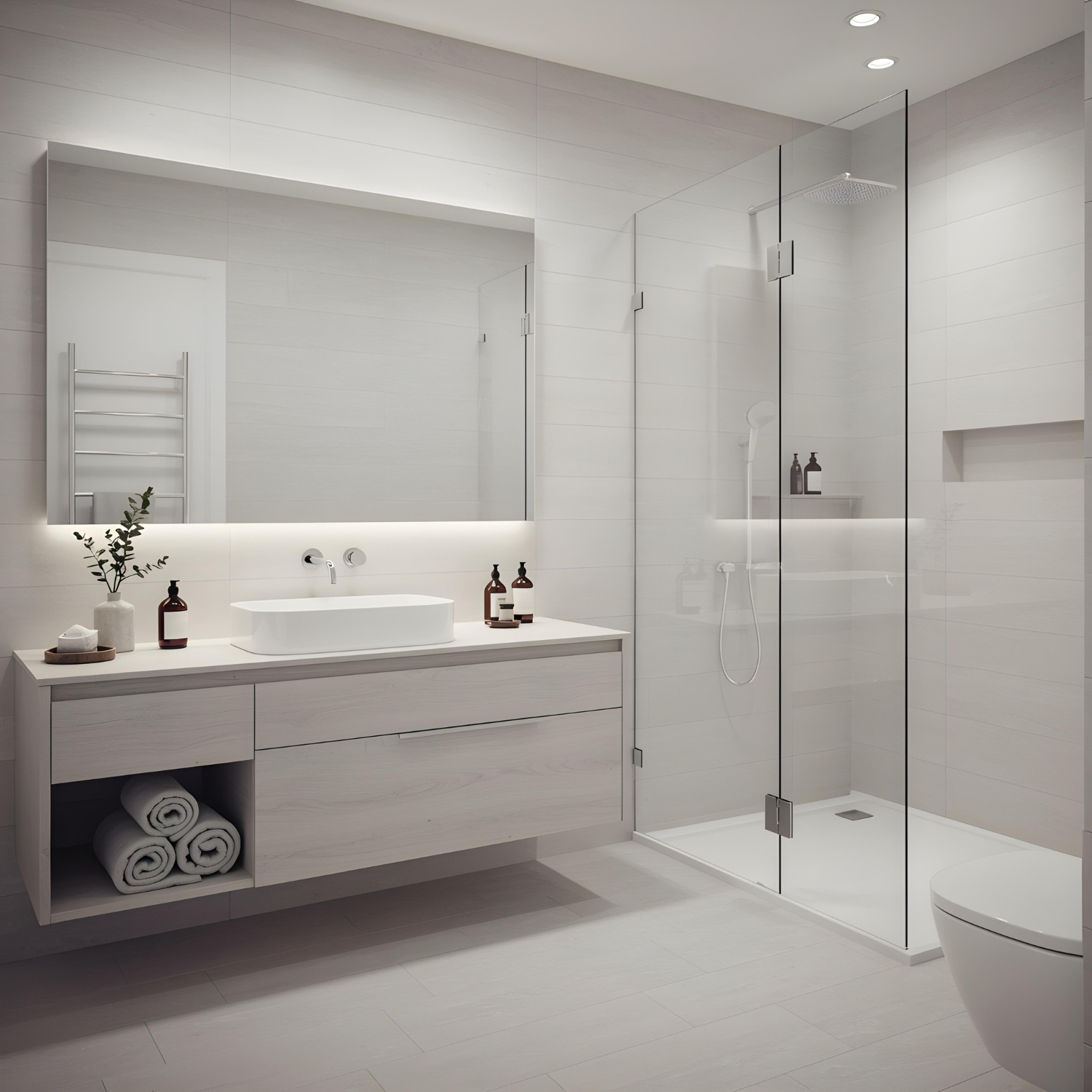 Modern White Bathroom With Floating Vanity, Vessel Sink, Large Mirror, Glass Shower Enclosure, And Rolled Towels On Open Shel