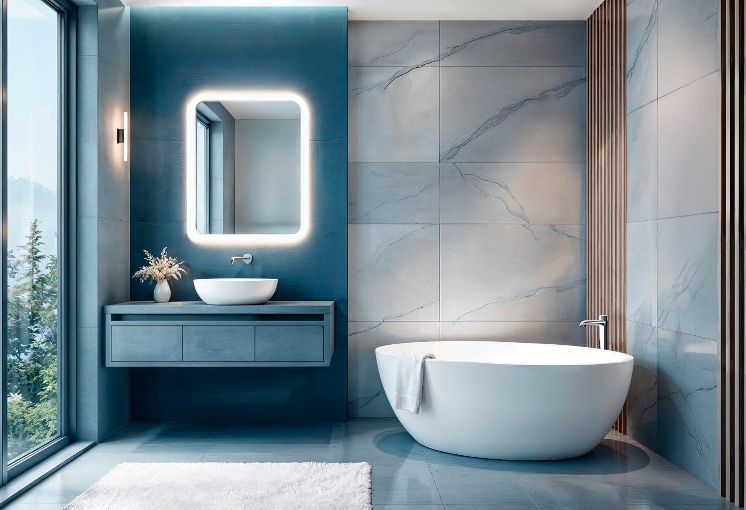 Modern Bathroom With Freestanding White Soaking Tub, Floating Vanity, Led Backlit Mirror, And Large Marble Tiles In Blue Tone