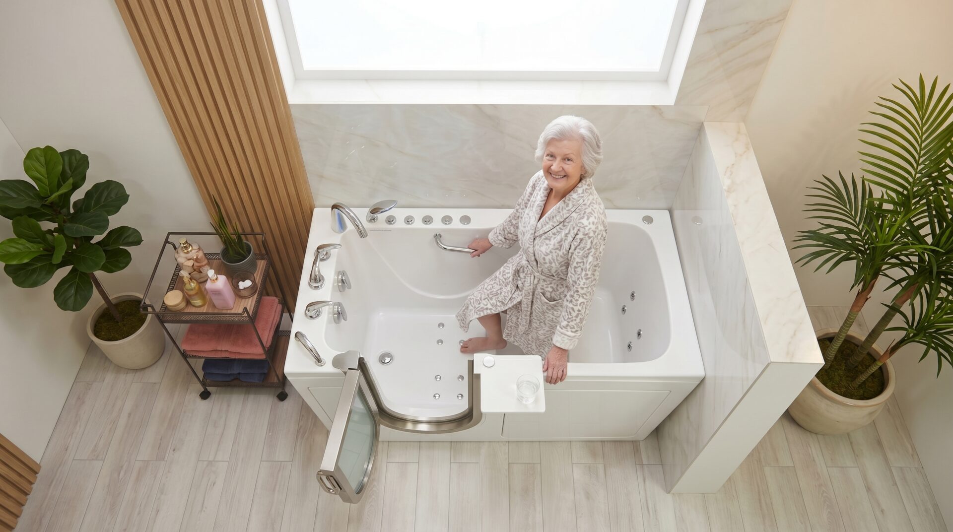 Senior Woman Safely Entering A Walk-In Bathtub With Grab Bars