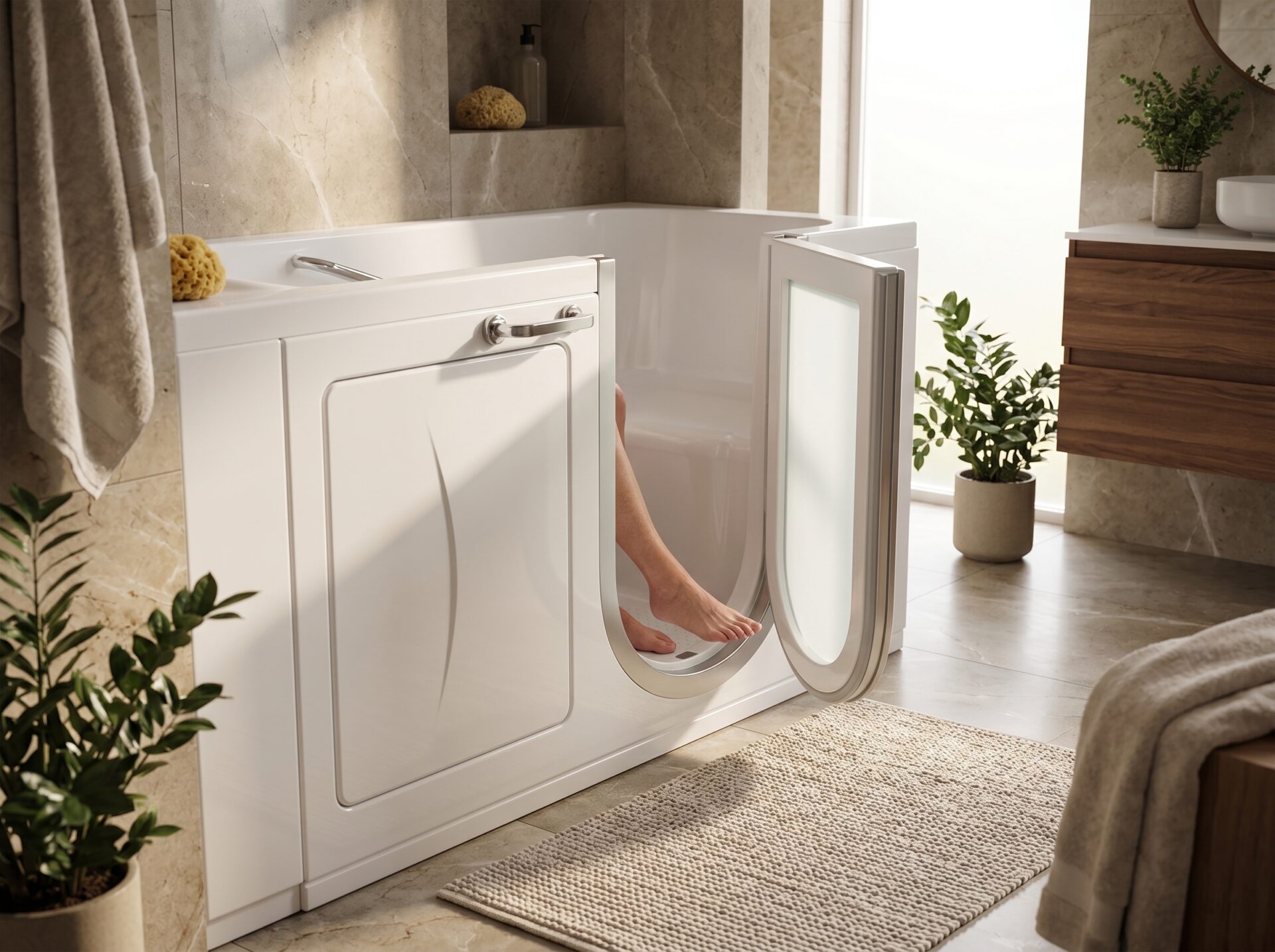 Easy-Access Door And Low Step-In Of A Walk-In Bathtub For Enhanced Safety