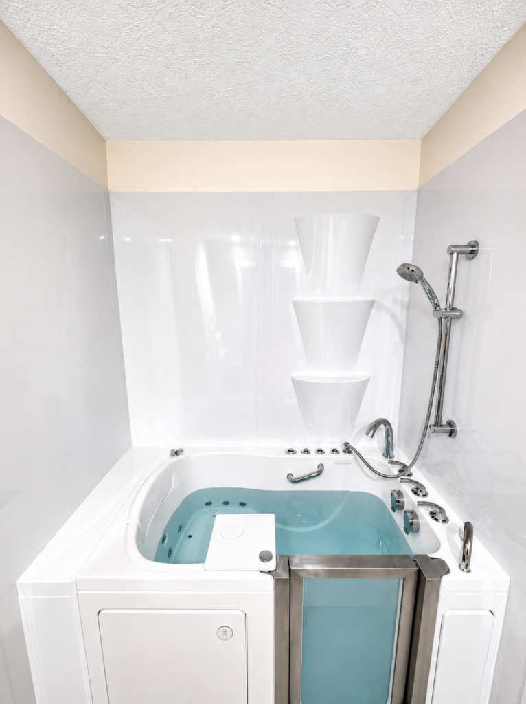 White Walk-In Bathtub Filled With Water Featuring A Side Entry Door, Grab Bar, Handheld Showerhead, And Jet Seats In A White