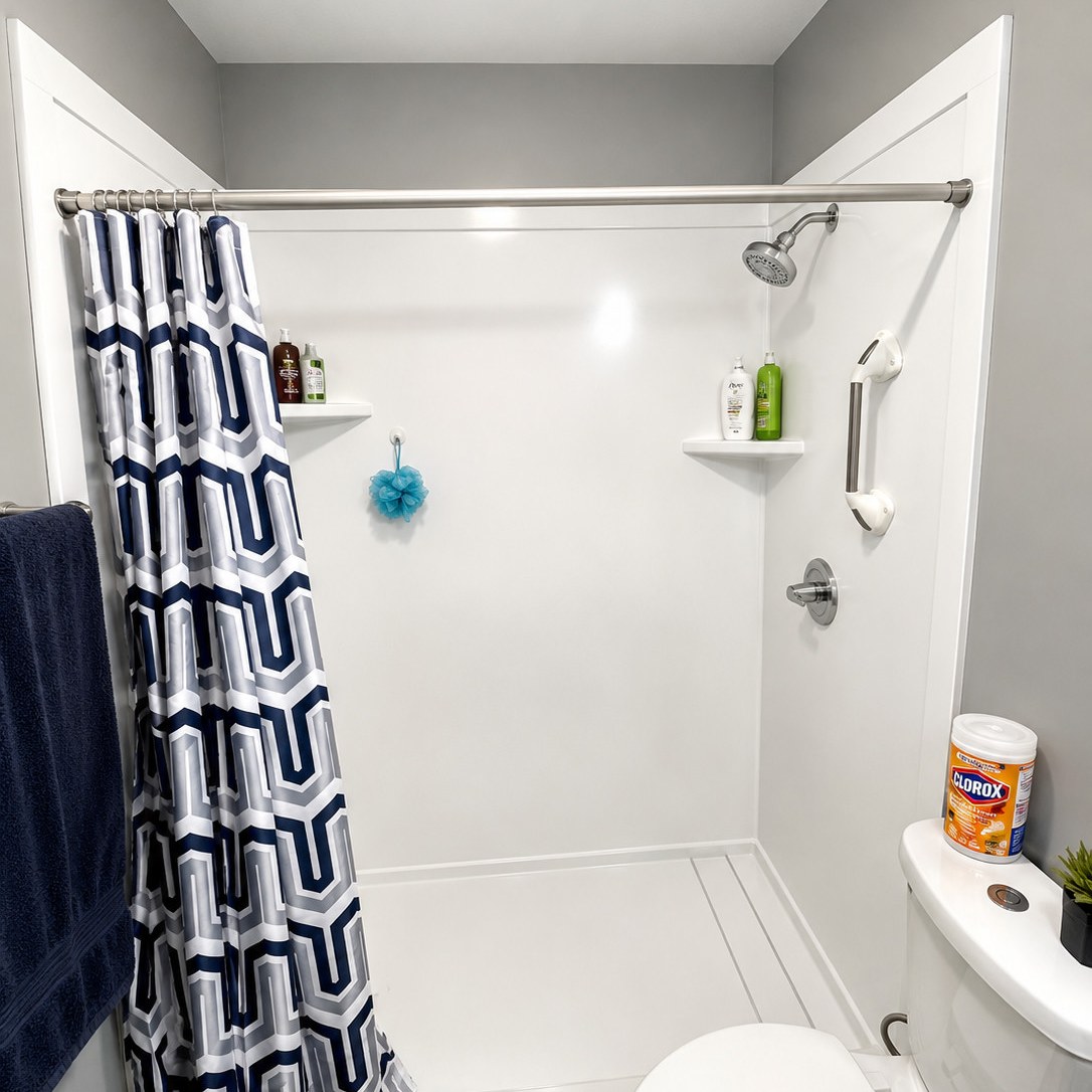 Before: Original White Acrylic Shower With Curtain In Powell, Oh Bathroom Near Lewis Center
