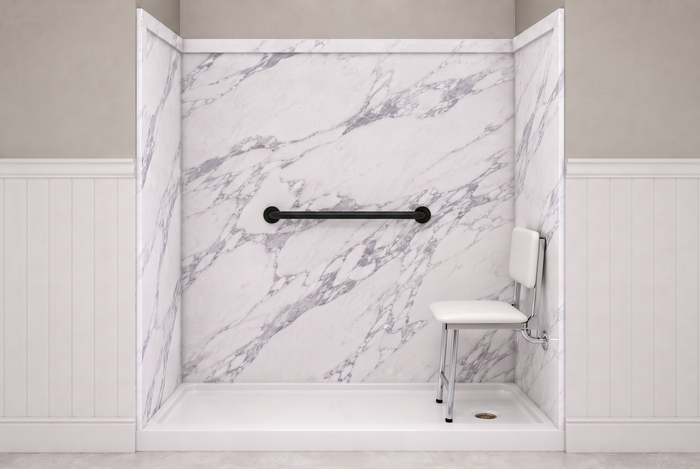 Calacatta White + Padded Seat + Black Bar