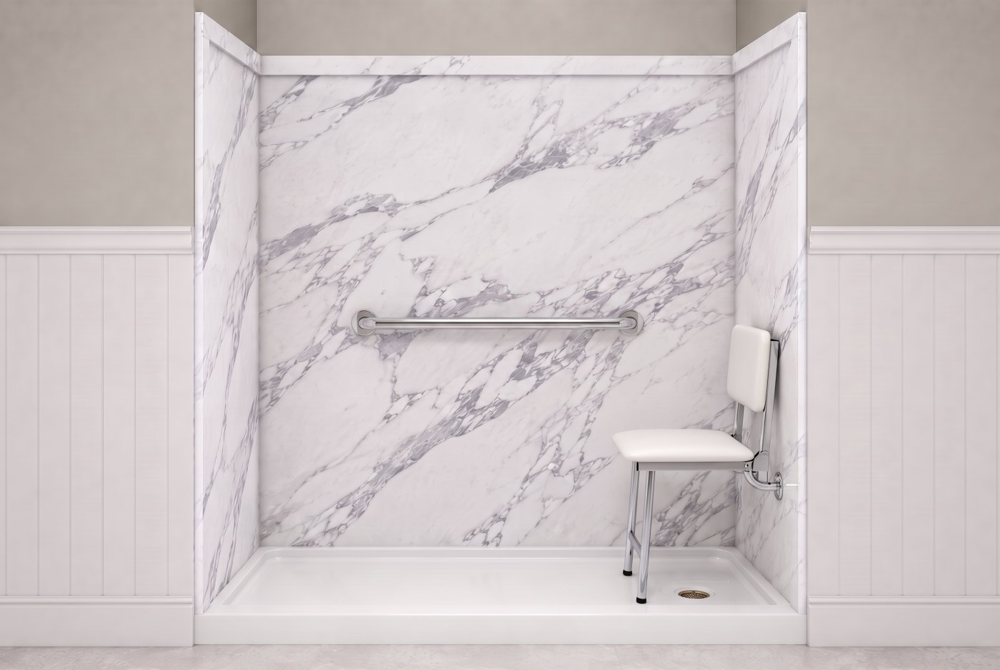 Calacatta White + Padded Seat + Chrome Bar