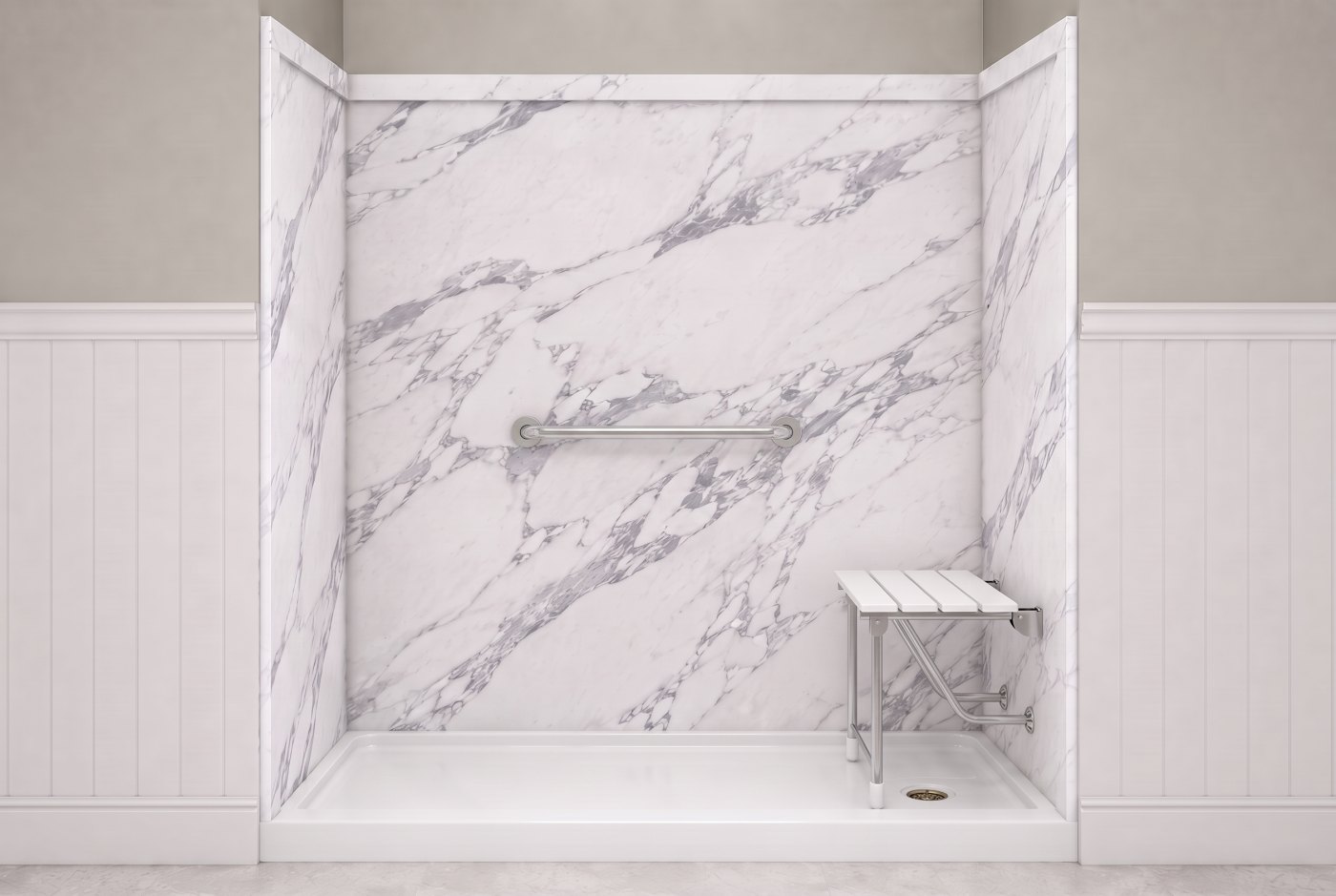 Calacatta White + White Seat + Chrome Bar