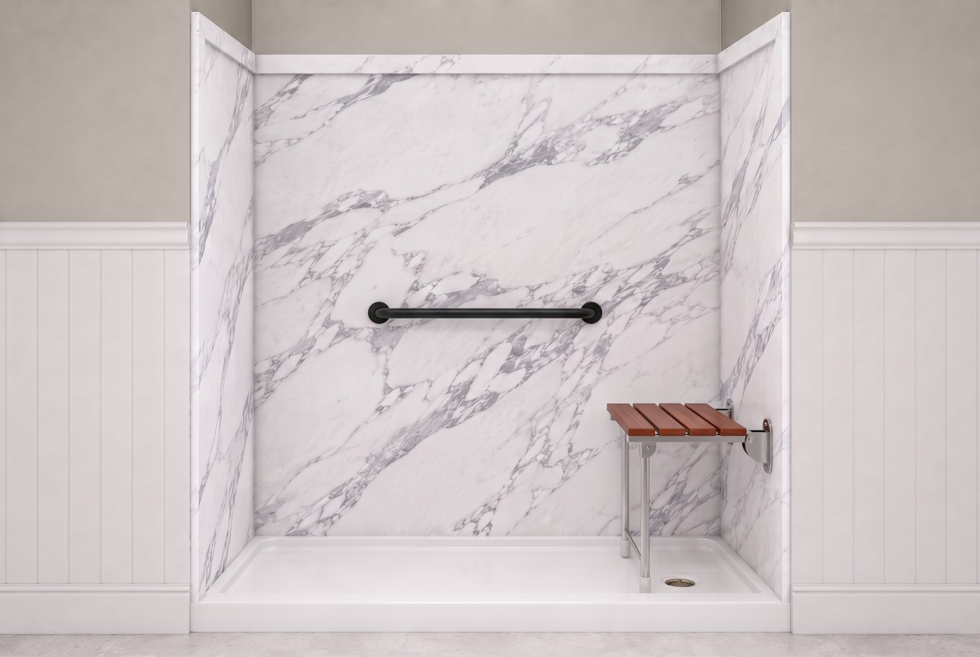 Calacatta White + Wood Seat + Black Bar