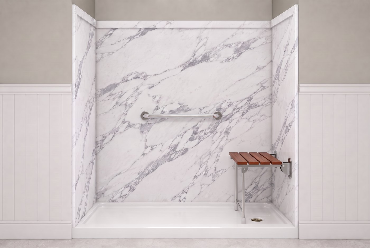 Calacatta White + Wood Seat + Chrome Bar