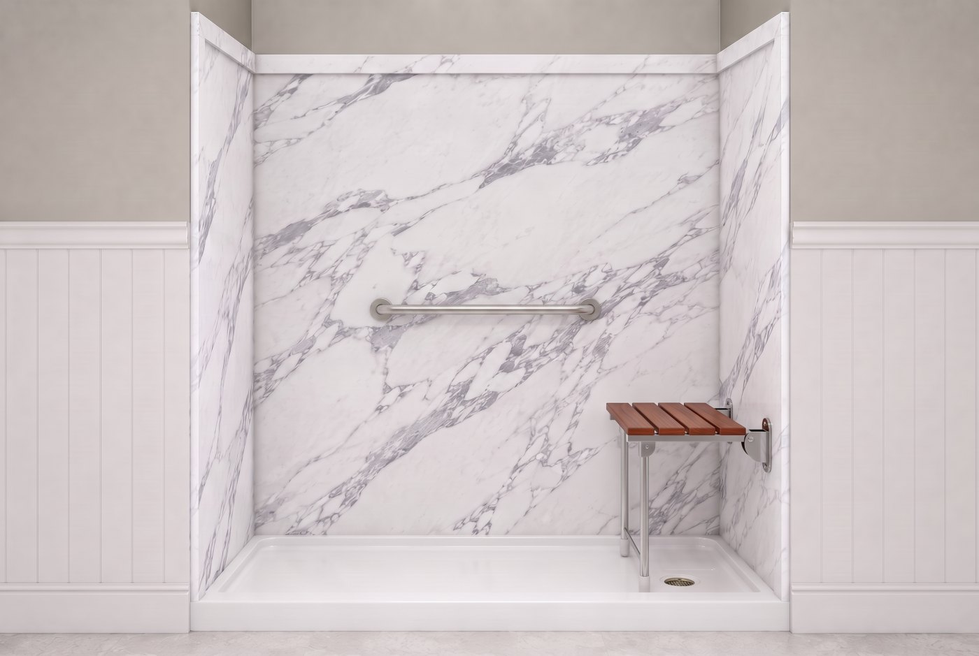 Calacatta White + Wood Seat + Nickel Bar